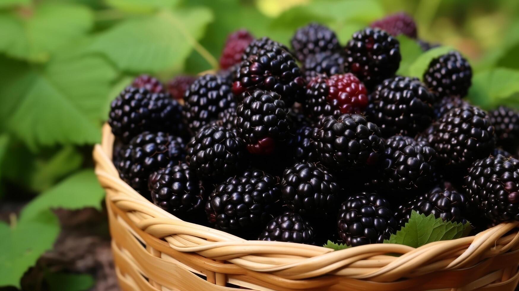 AI generated Fresh blackberries in a wicker basket on a wooden table photo