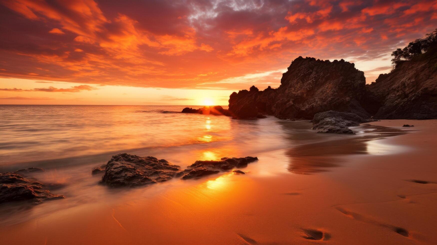 AI generated Fiery sky with secluded beach and sunlight photo