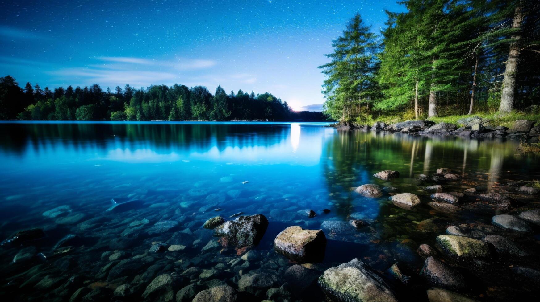 AI generated Starry night lake landscape with milky way galaxy reflection photo