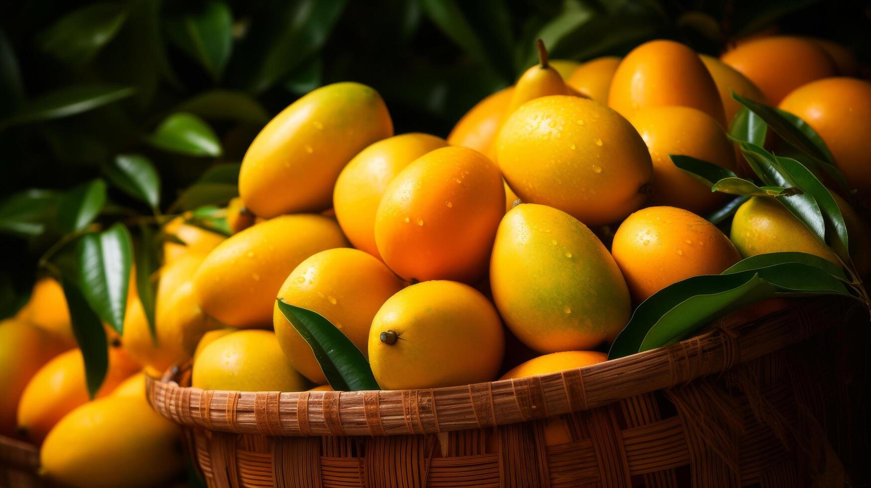 AI generated Display of assorted ripe mangoes in charming baskets photo