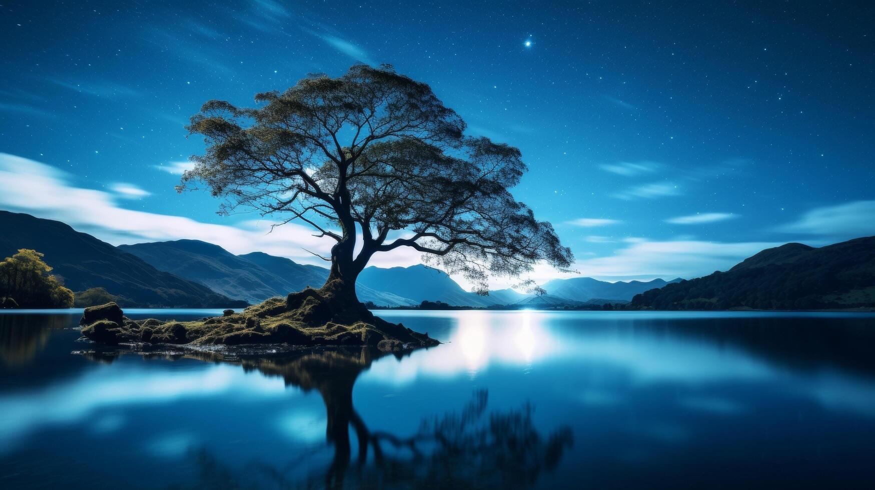 AI generated Starry night and lake a magical landscape with a tree photo