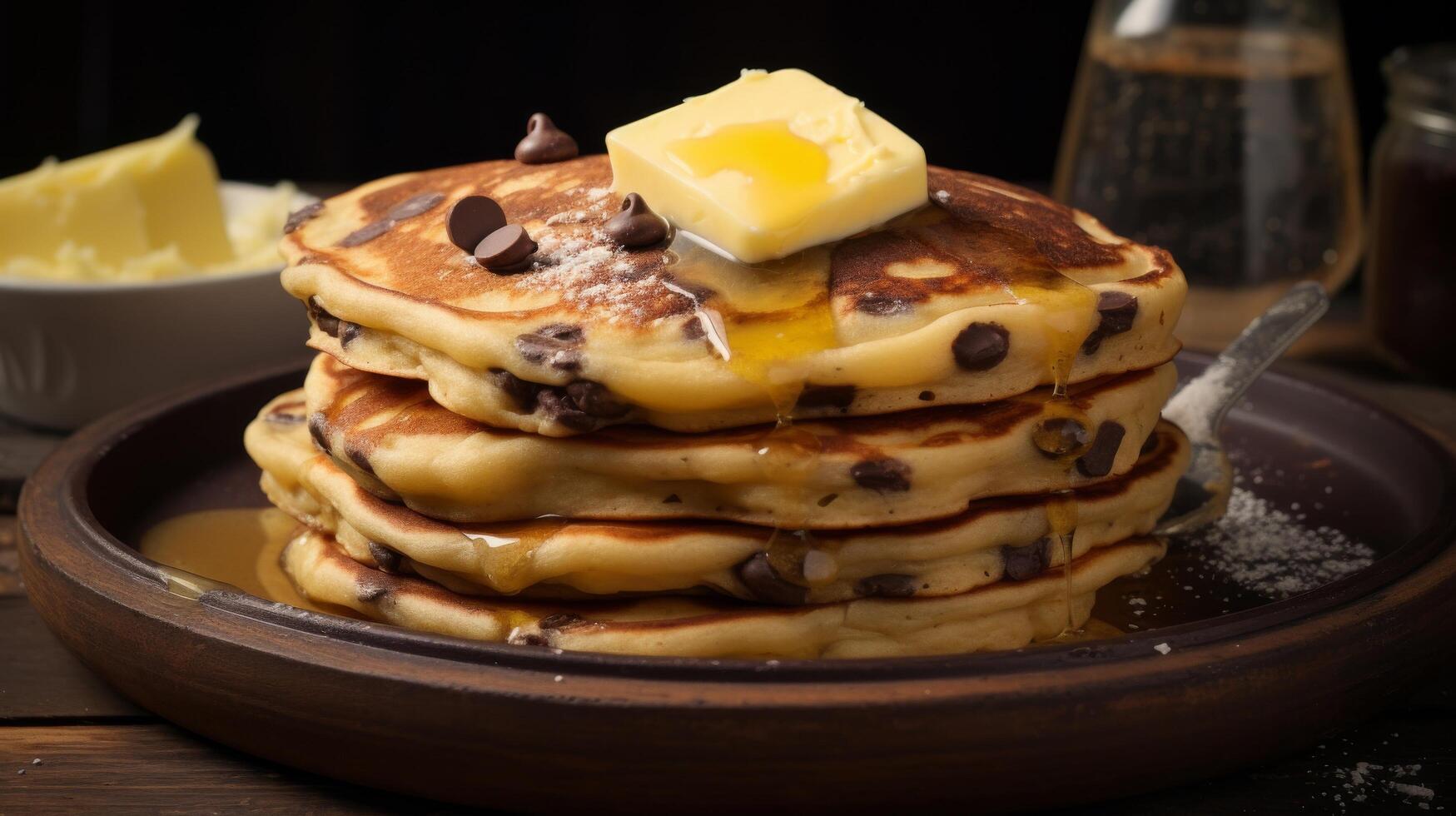 AI generated Savor the moment with a stack of chocolate chip pancakes photo