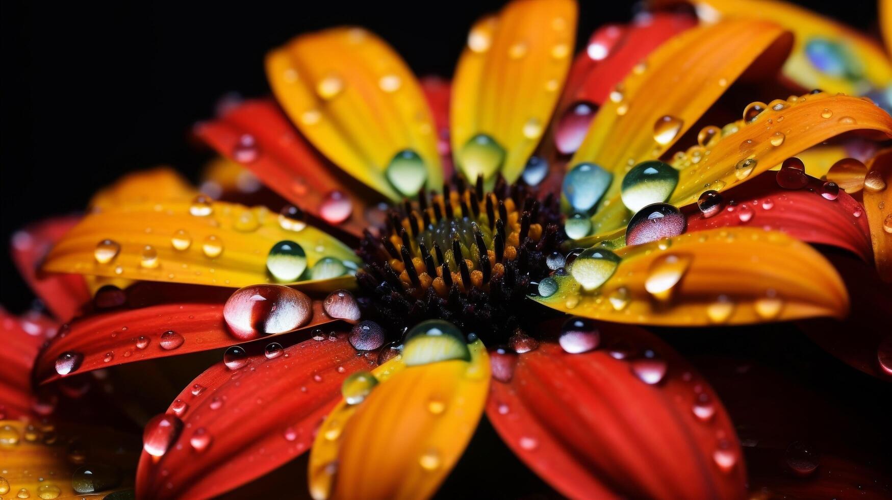 AI generated The beauty of water droplets on a flower petal in close up, showing the details and variations of the colors and reflections photo