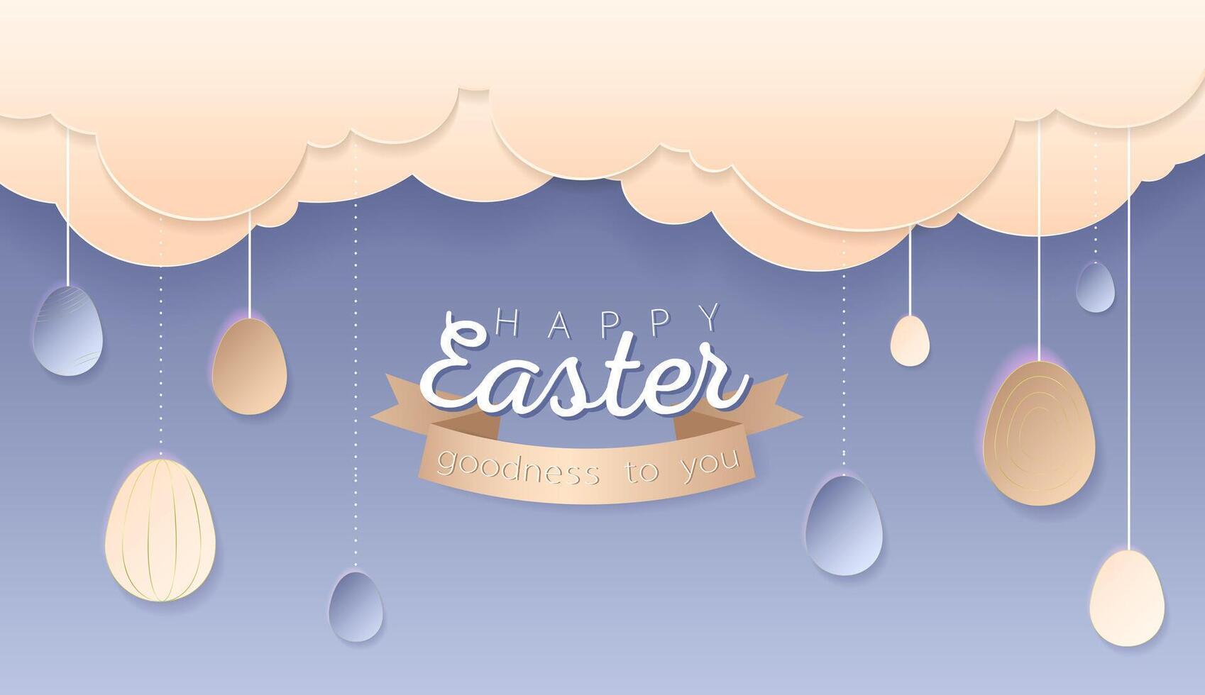 Happy Easter day wallpaper or banner with papercut elements. Beautiful paper cut eastern objects. Vector illustration for sale, product display, easter festival design, presentation, greeting card.