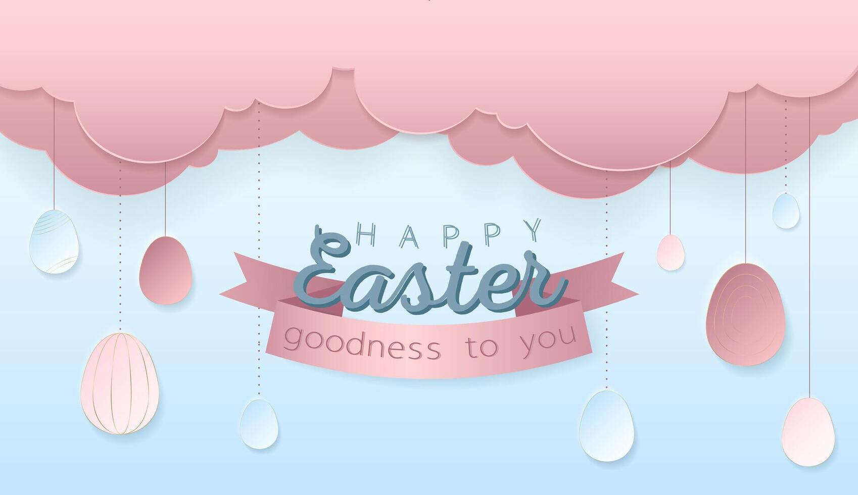 Happy Easter day wallpaper or banner with papercut elements. Beautiful paper cut eastern objects. Vector illustration for sale, product display, easter festival design, presentation, greeting card.