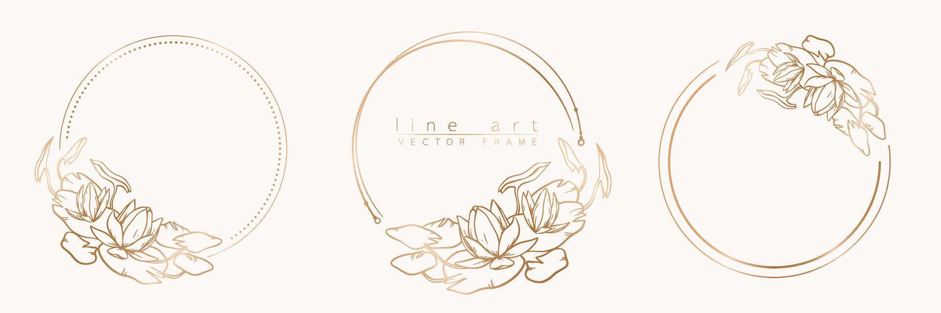 Botanical golden circle frame set. Hand drawn round line wreath, leaves and flowers for wedding invitation and cards, logo design, social media and posters template. Elegant minimal floral vector. vector