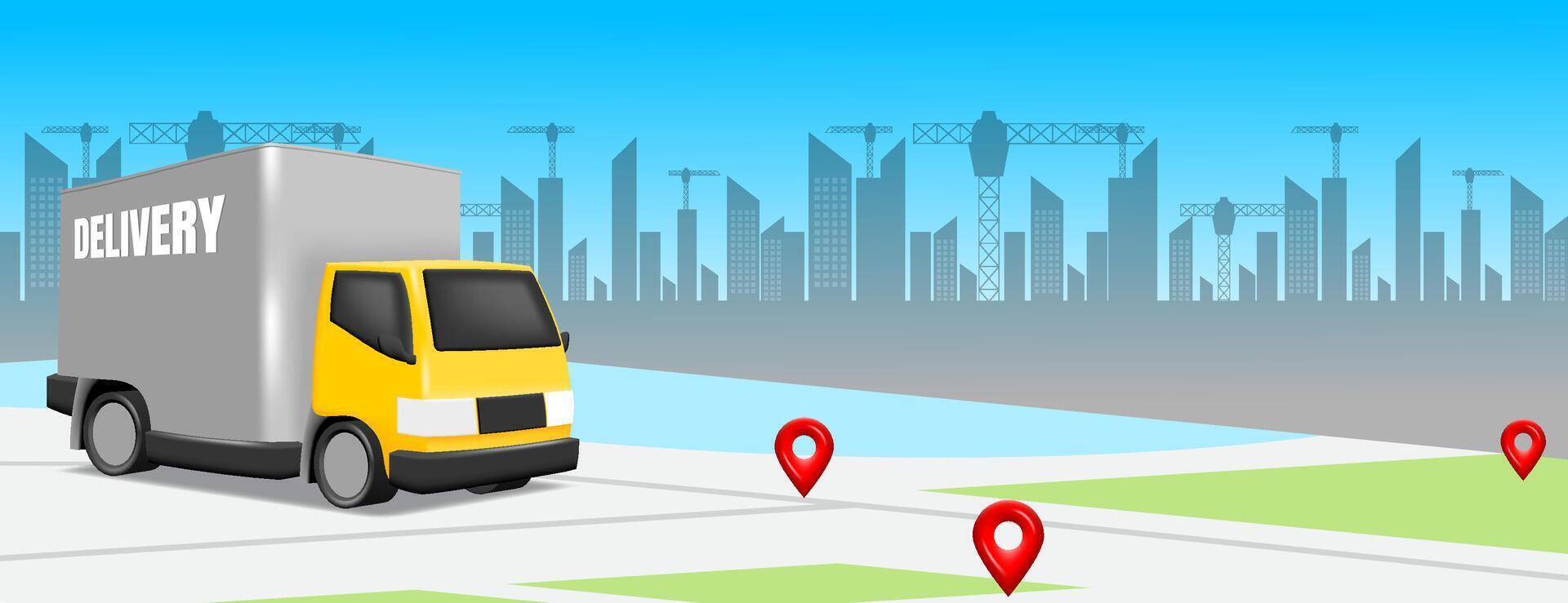 3d delivery truck service banner with maps. vector illustration