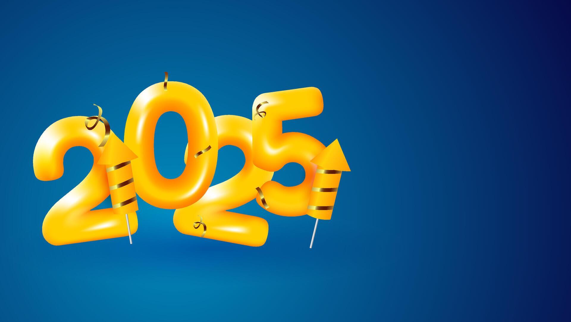 2025 text design in orange or yellow color with firework and confetti
