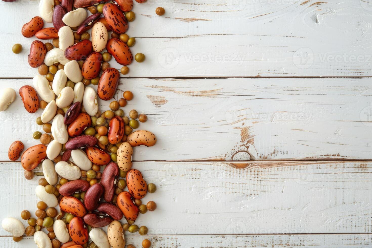 AI generated Mixed dry beans on white wooden board from above. Space for text. photo