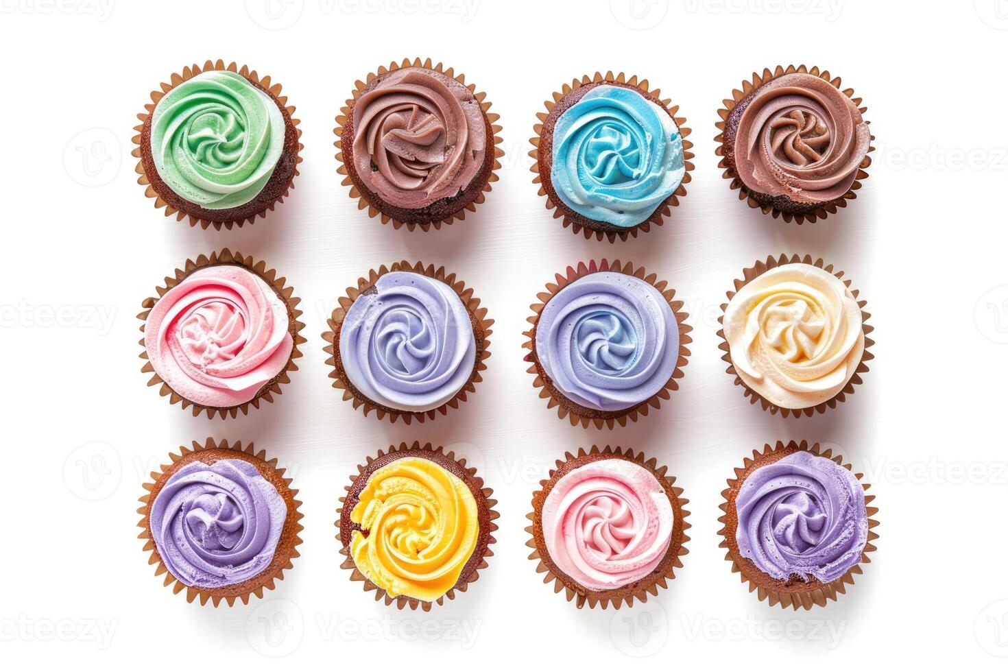 AI generated Top view on set of vanilla cupcakes with colorful buttercream tops isolated on white background. photo