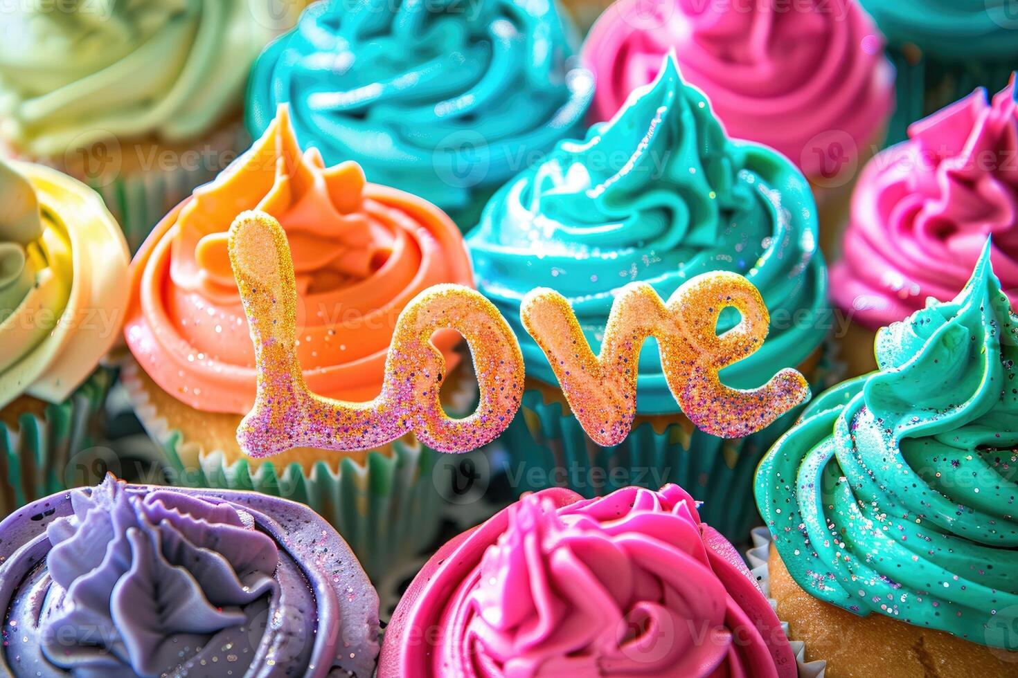 AI generated Colorful happy birthday cupcakes. photo