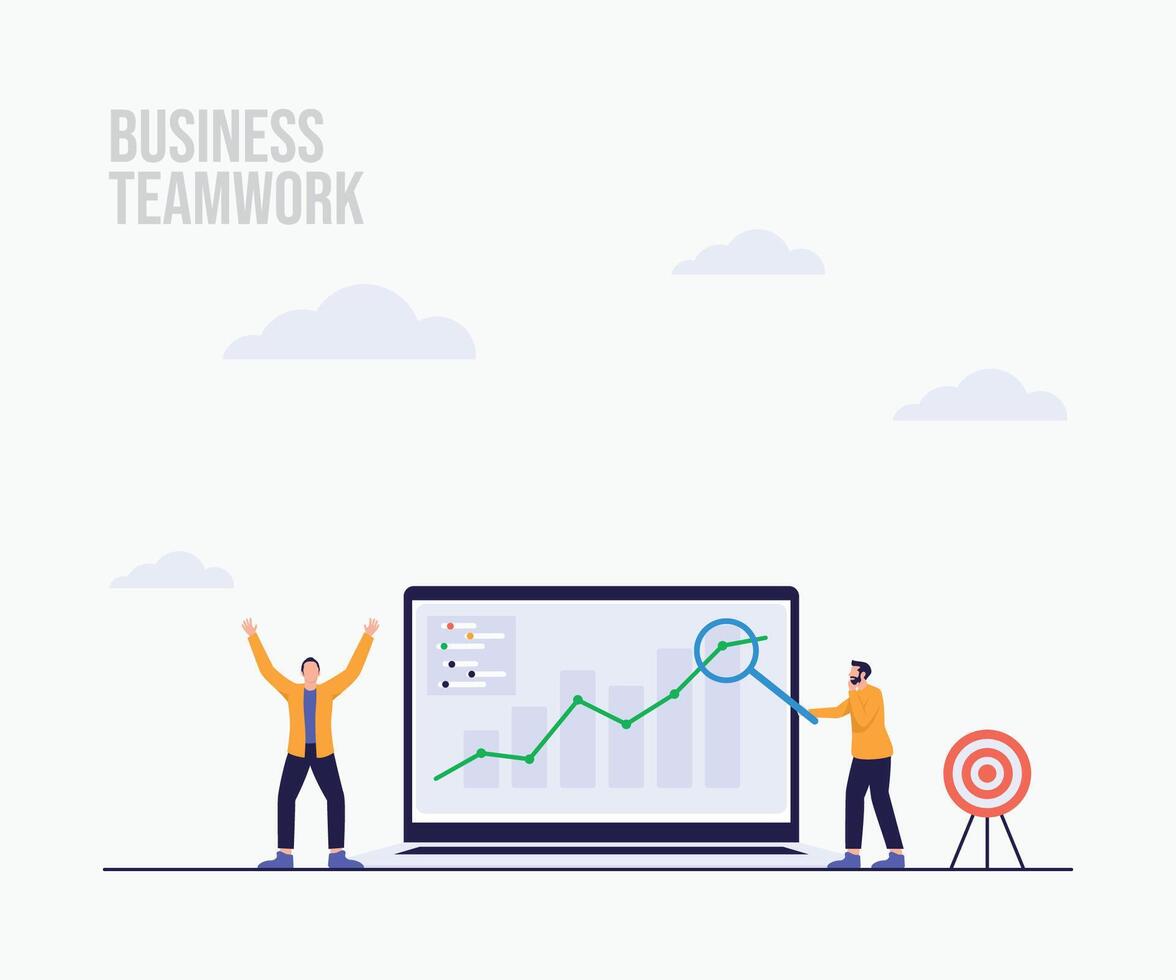 trabajo en equipo celebrando negocio crecimiento predicción y Progreso reporte aterrizaje página ilustración vector