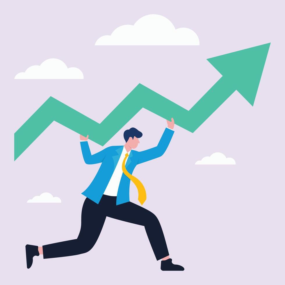 Business and career growth illustration, Businessman carrying arrow to make stock rising boom graph and chart vector