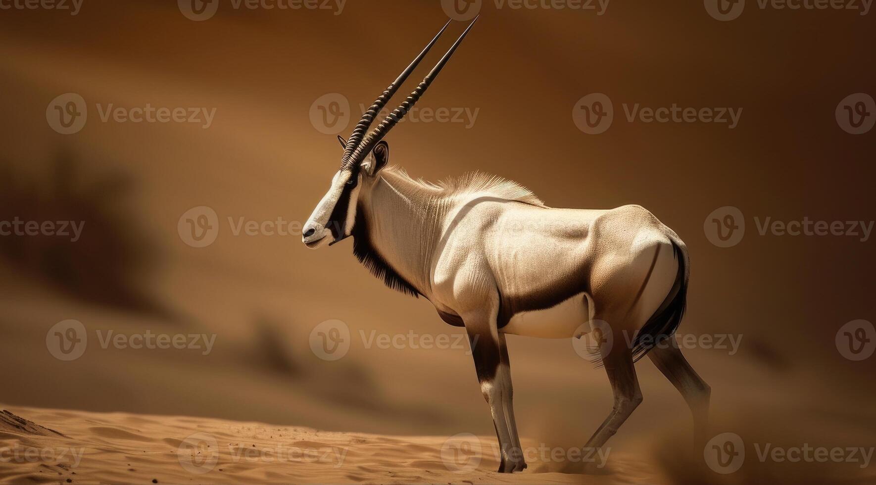 AI generated Arabian oryx antelope standing in the middle of a desert photo