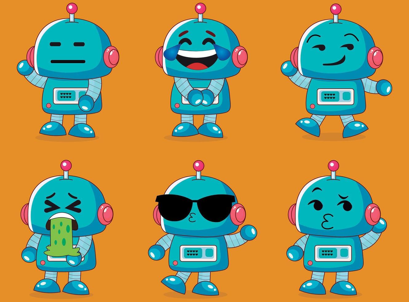 Cute little robot illustration emotions, emotes sticks emojis, pattern illustration, collection vector