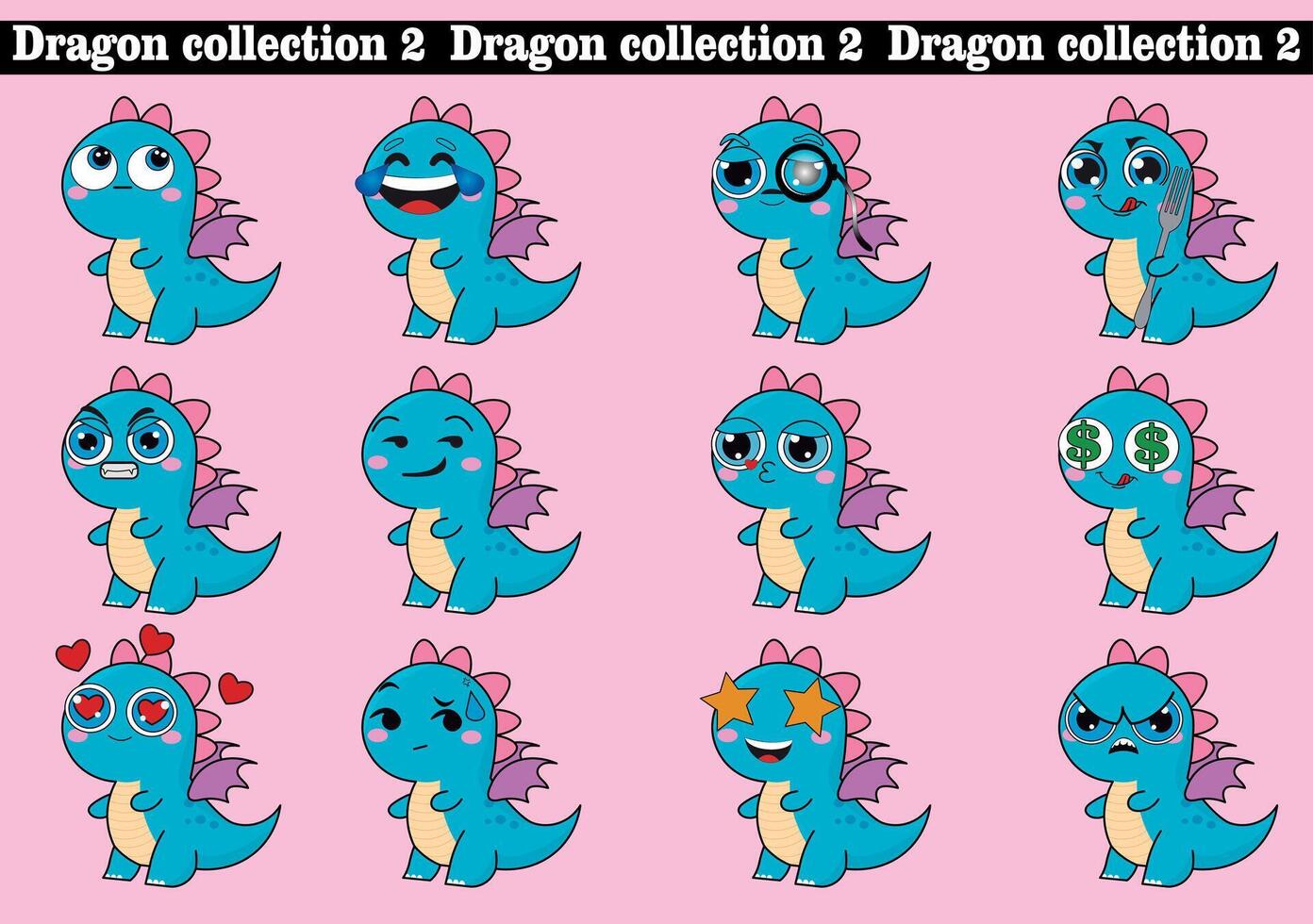 Cute dragon, drake emotion, emoji, illustration in childish theme and colors, vector collection