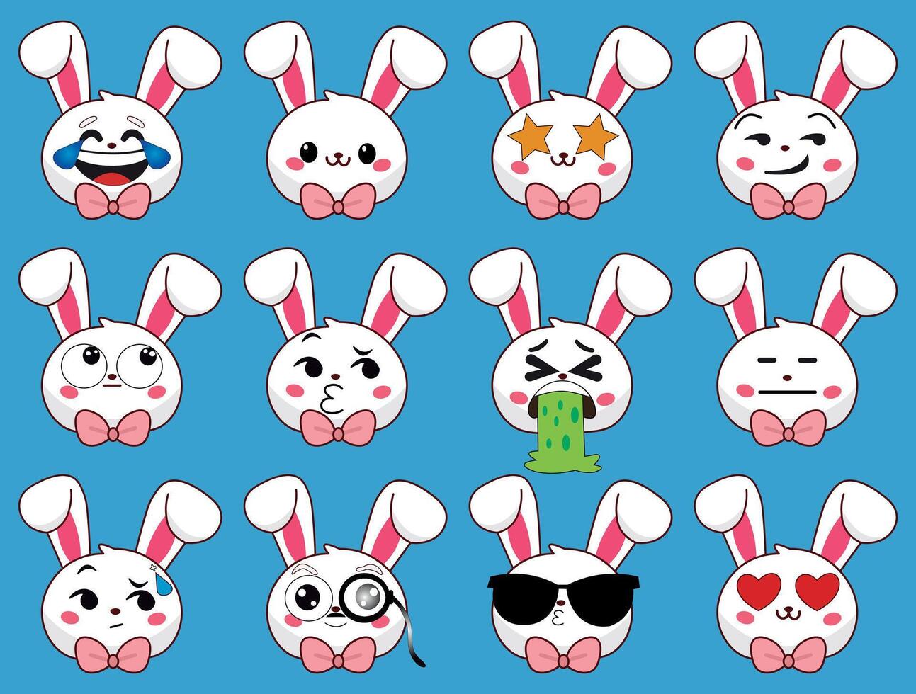 Cute rabbit with various expressions, collection, stick emotions, vector illustration