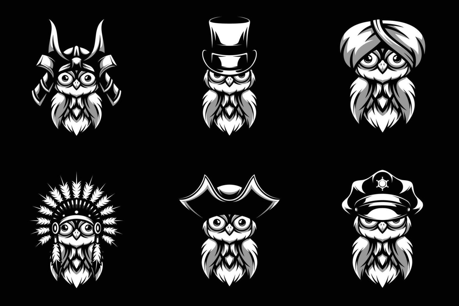 Owl Heads Bundle Black and White vector