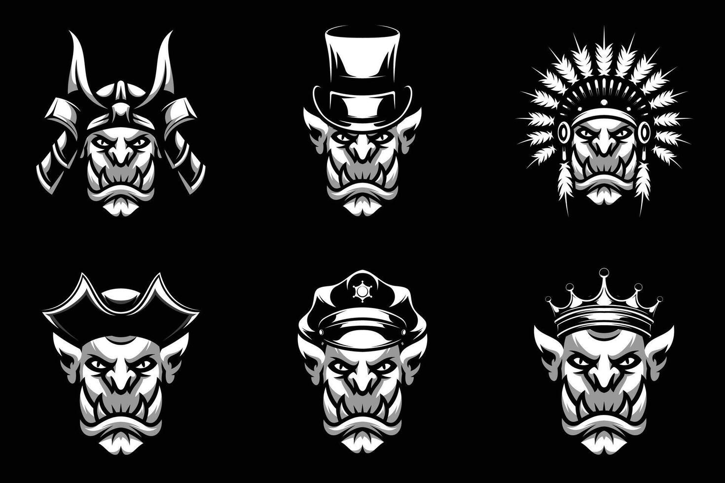 Ogre Heads Bundle Black and White vector