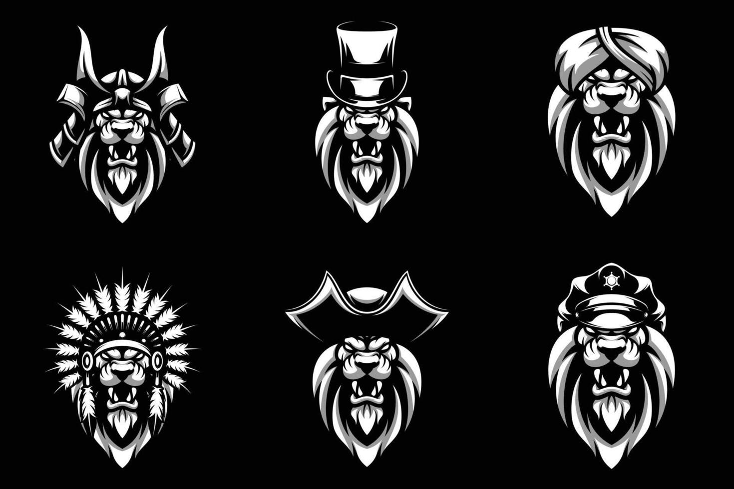 Lion Heads Bundle Black and White vector