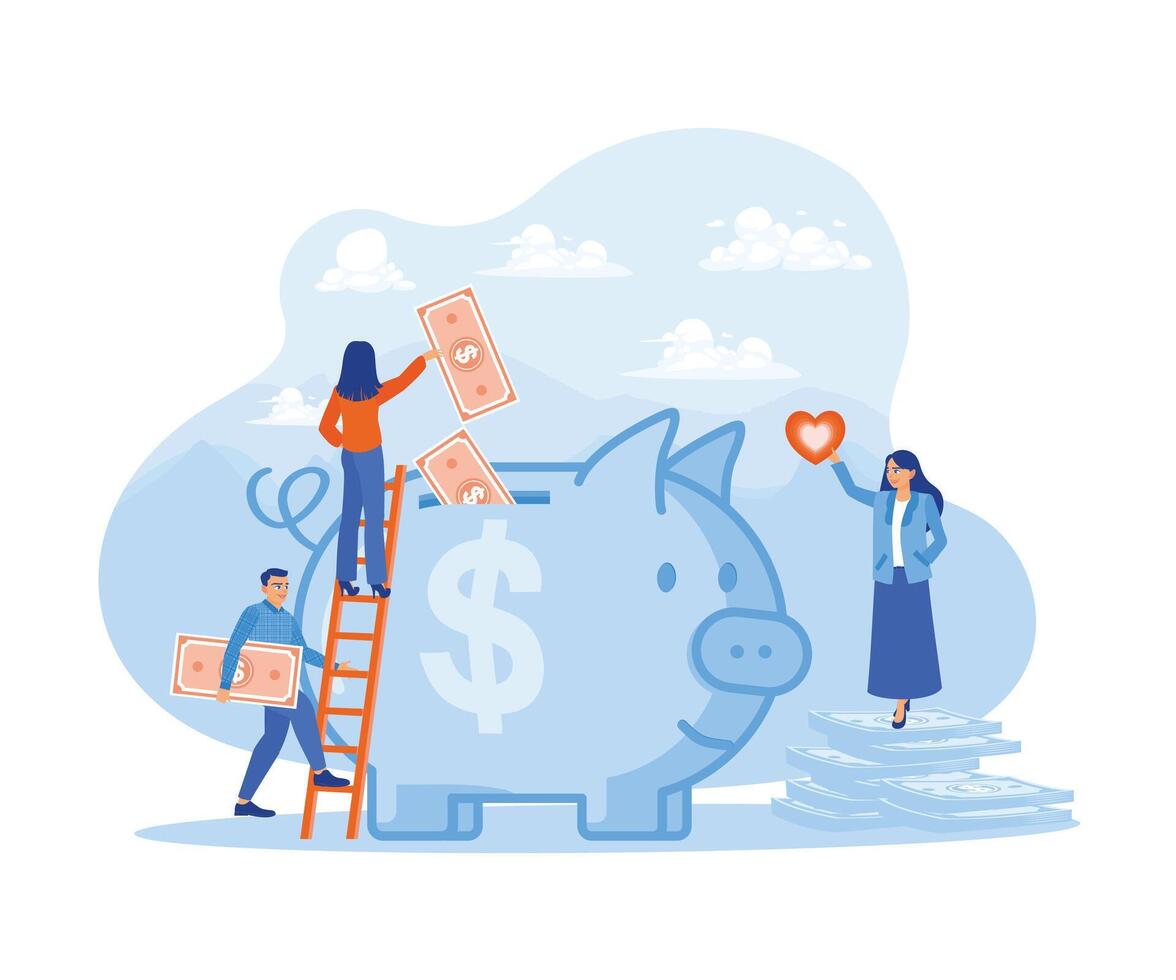 Frugality concept vector illustration. Man and woman put money into a piggy bank. Savings, managing financial income and expenses. Saving Money concept. Flat vector illustration.