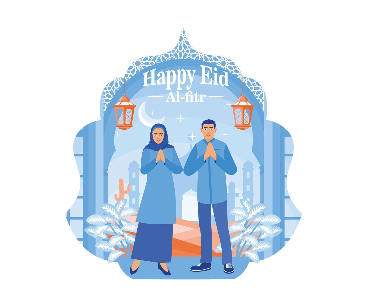 acogedor eid al-fitr. musulmán parejas decir eid al-fitr saludos decorado con linternas y ornamental plantas. contento eid Mubarak concepto. plano vector ilustración.