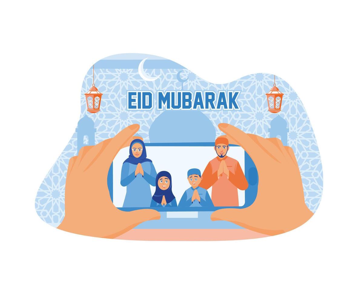 musulmán familias celebrar eid al-fitr durante el pandemia. deseo usted eid al-fitr con un vídeo llamada en tu célula teléfono. contento eid Mubarak concepto. plano vector ilustración.