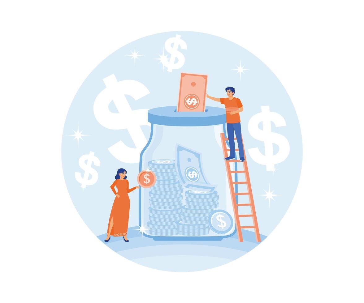 Vector illustration of financial, deposit, investment, banking, and economic concepts. Husband and wife put money in, save. Saving Money concept. Flat vector illustration.