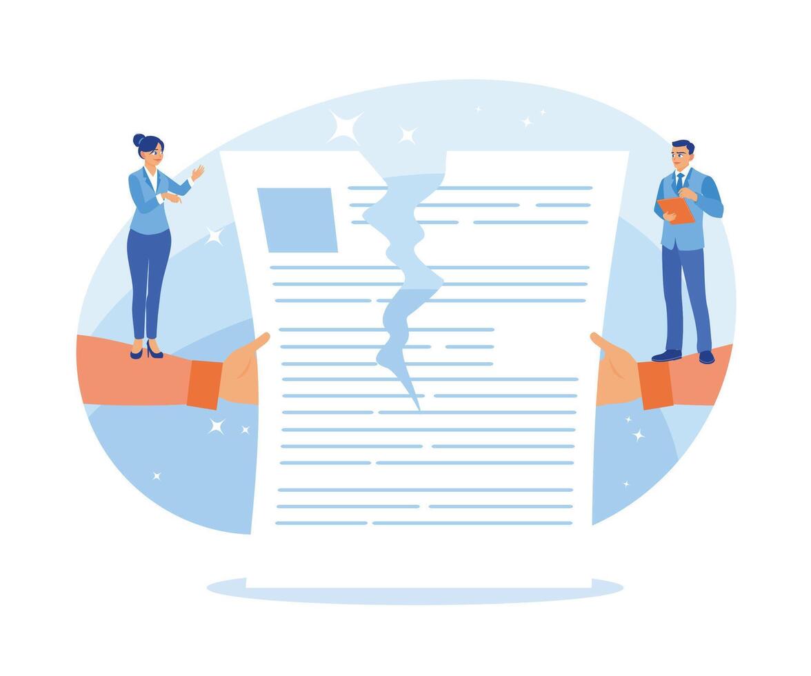 Two businessmen tore up and canceled a signed business contract. Contract agreement concept. Flat vector illustration.