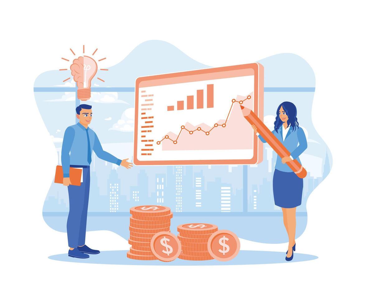 gerentes y asistentes desarrollar nuevo ideas analizando finanzas en el proyector pantalla. negocio idea concepto. plano vector ilustración.