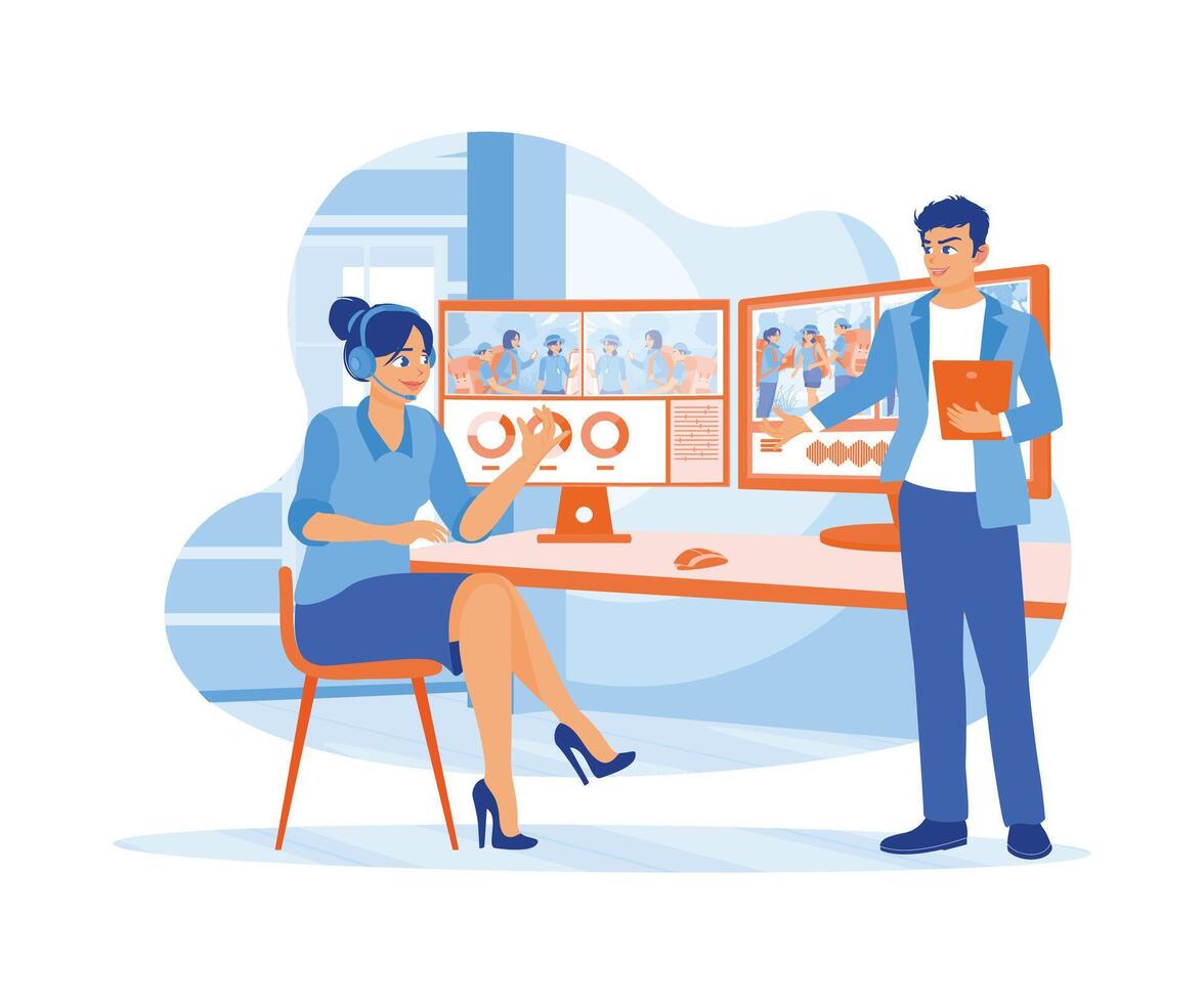 A woman using headphones to talk with her fellow editor on a work project. They work in a creative loft office with two screens. Video Editor concept. Flat vector illustration.