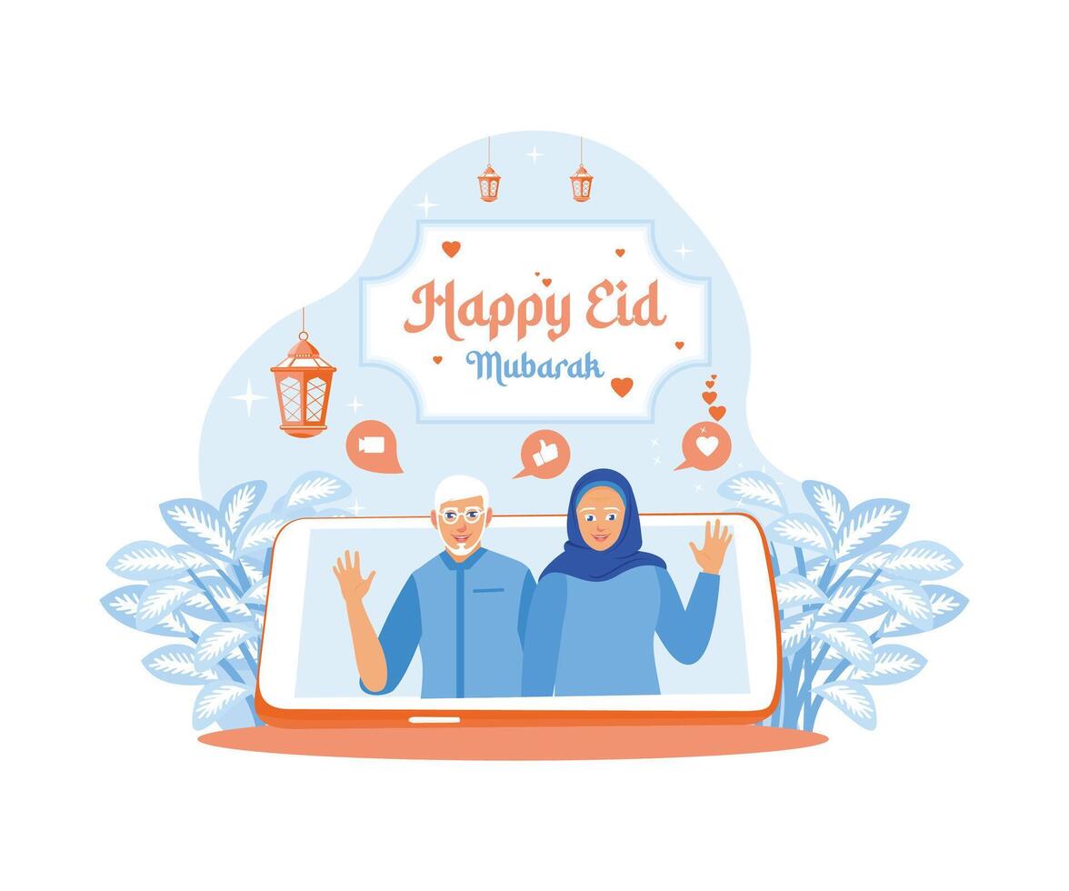 celebrar eid al-fitr a hogar. abuelos Pareja haciendo vídeo llamadas con familia. contento eid Mubarak concepto. plano vector ilustración.