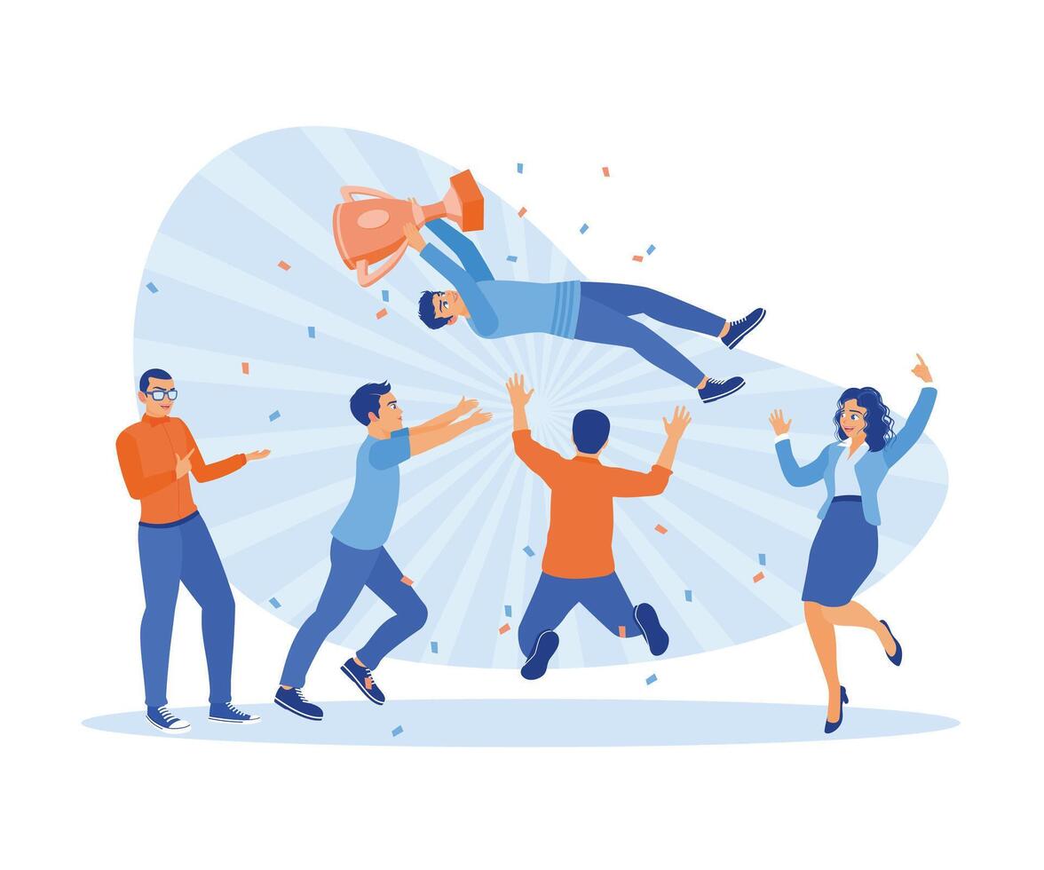 Business people dance and throw people holding trophies in the air. Celebrate victory. Success Business concept. Flat vector illustration.
