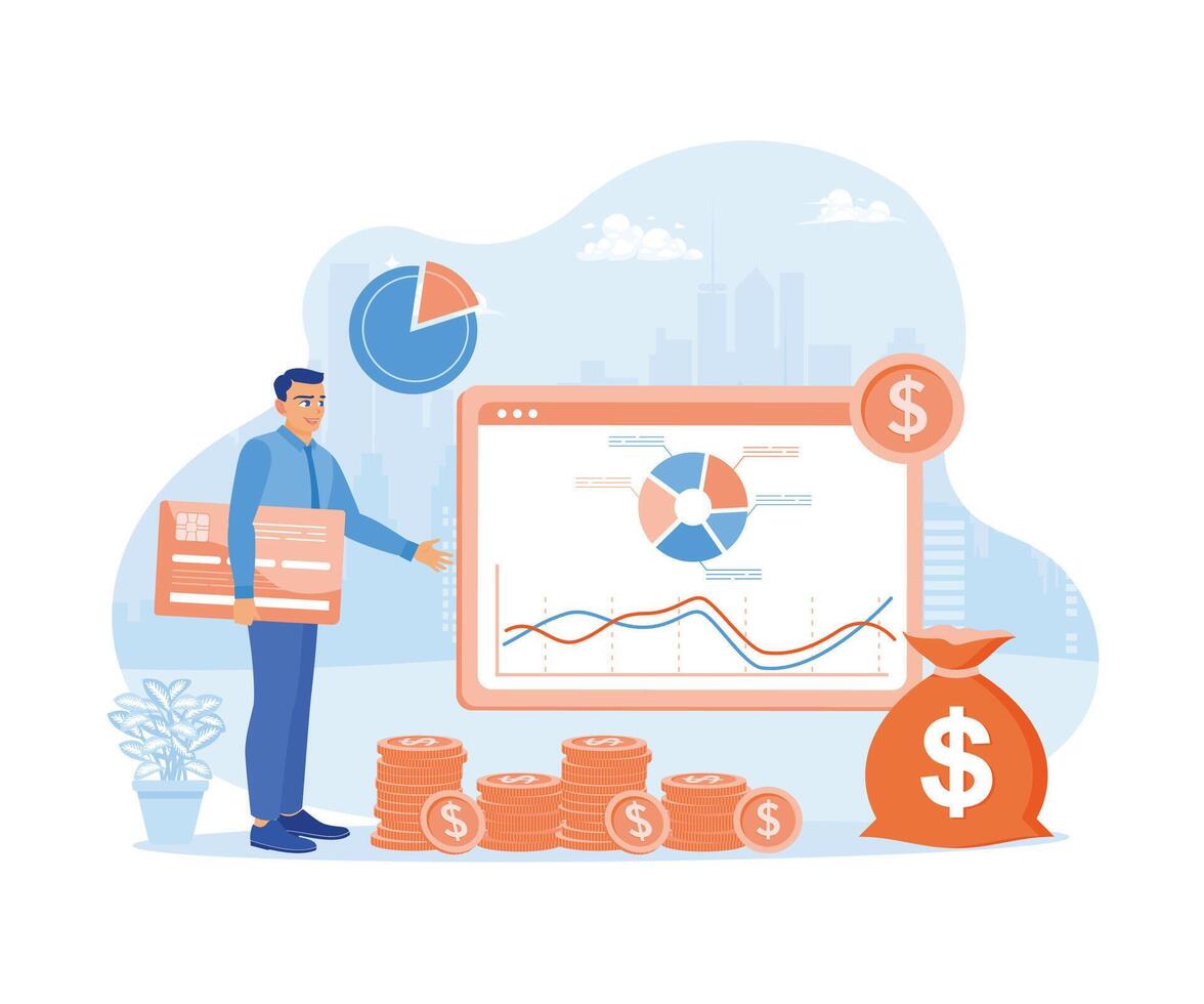 Personal financial account virtual vector illustration. The man observes his financial graphic data, the movement of income and expenses. Financial Transactions concept. Flat vector illustration.