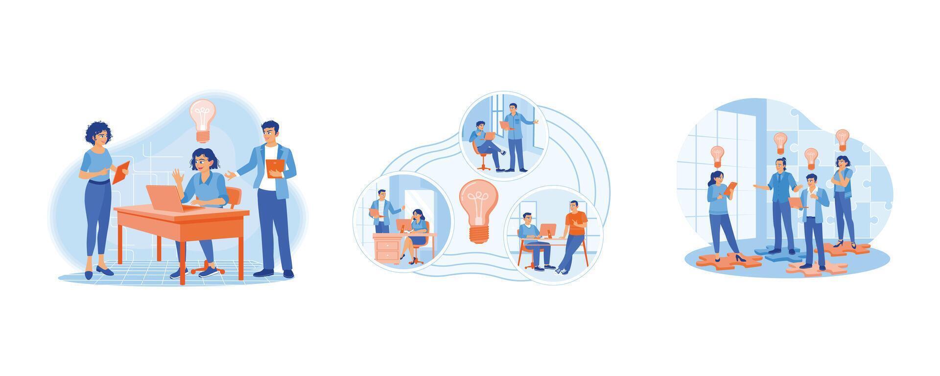 Business people are discussing inside the office. Looking for new ideas and solutions to achieve success. Business Idea concept. Set Flat vector illustration.