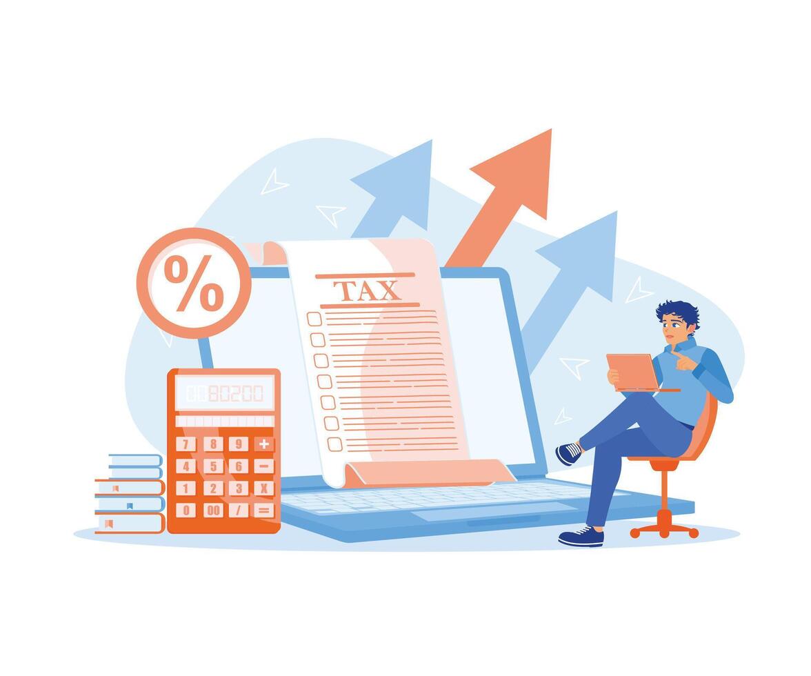 Online tax collection vector illustration. Businessman sitting in front of laptop calculating income and checking tax virtual documents. Tax payment preparation. Tax Audit concept.