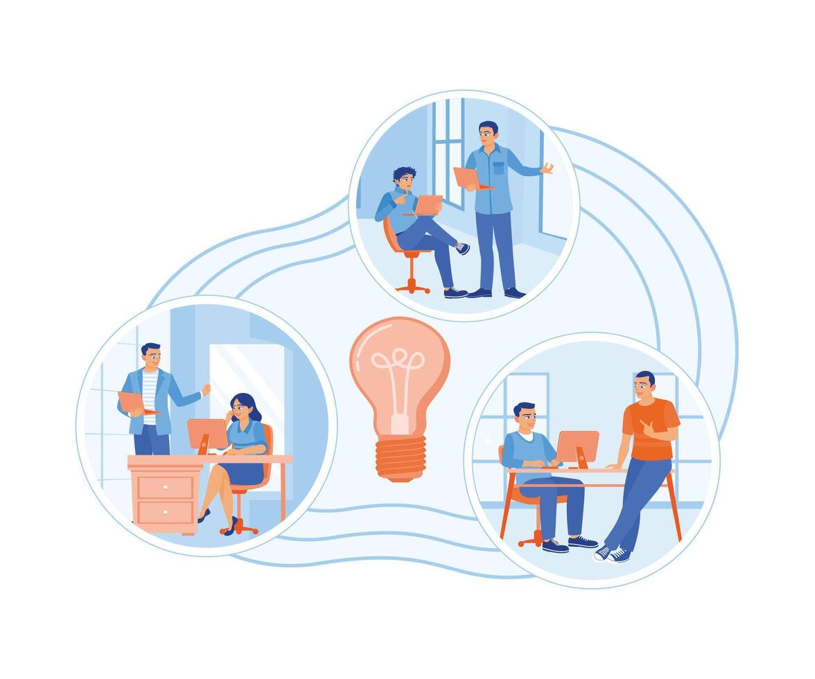 A group of businessmen working together in a company. Looking for new ideas and solutions to achieve success. Business Idea concept. Flat vector illustration.