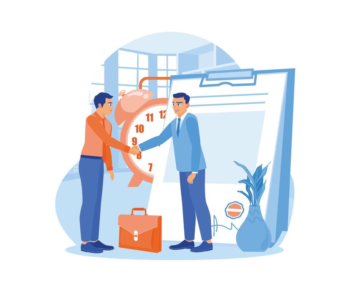 Business people and colleagues sign employment contracts. Shake hands after making a mutual agreement. Contract agreement concept. Flat vector illustration.
