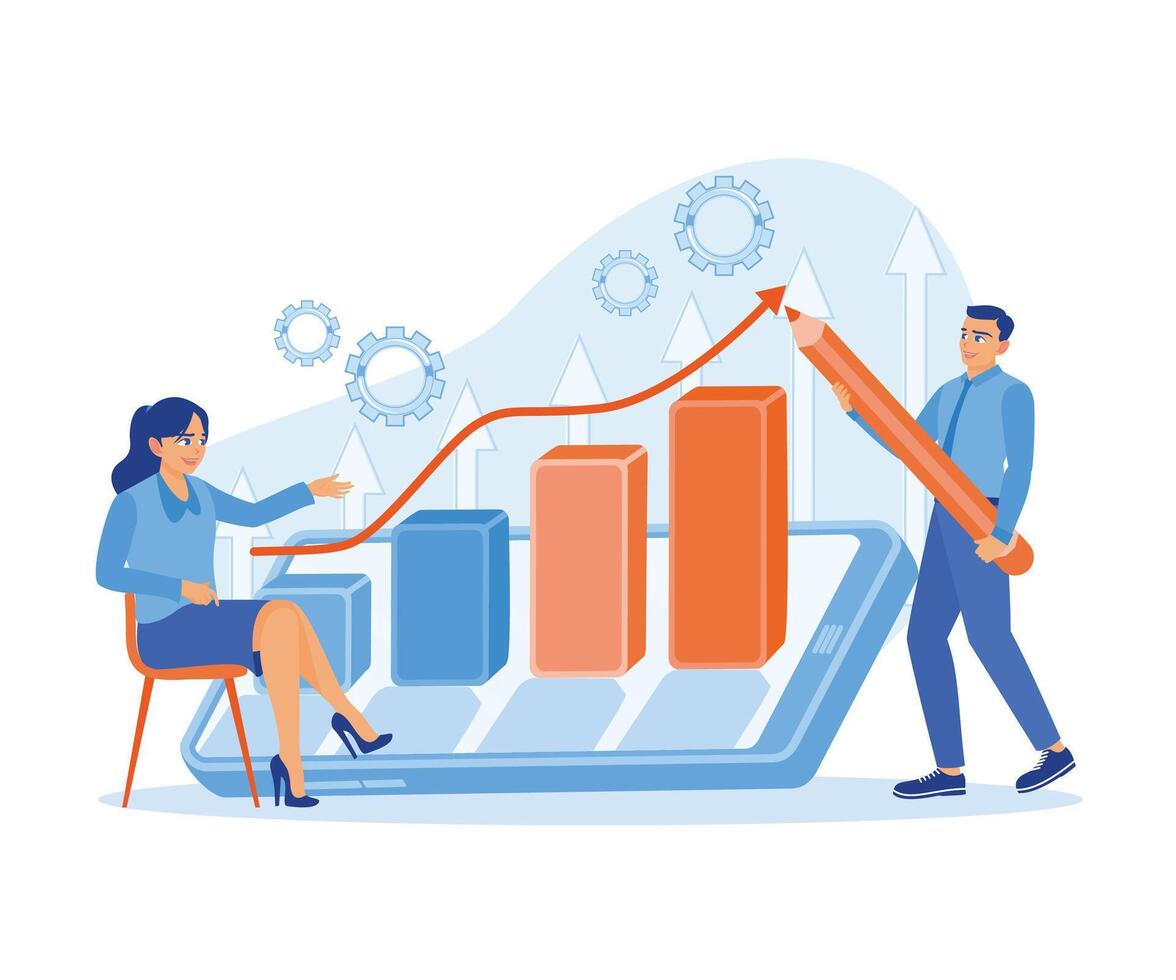 Business people and women make financial and stock market charts using mobile phones. Investment concept. Flat vector illustration.
