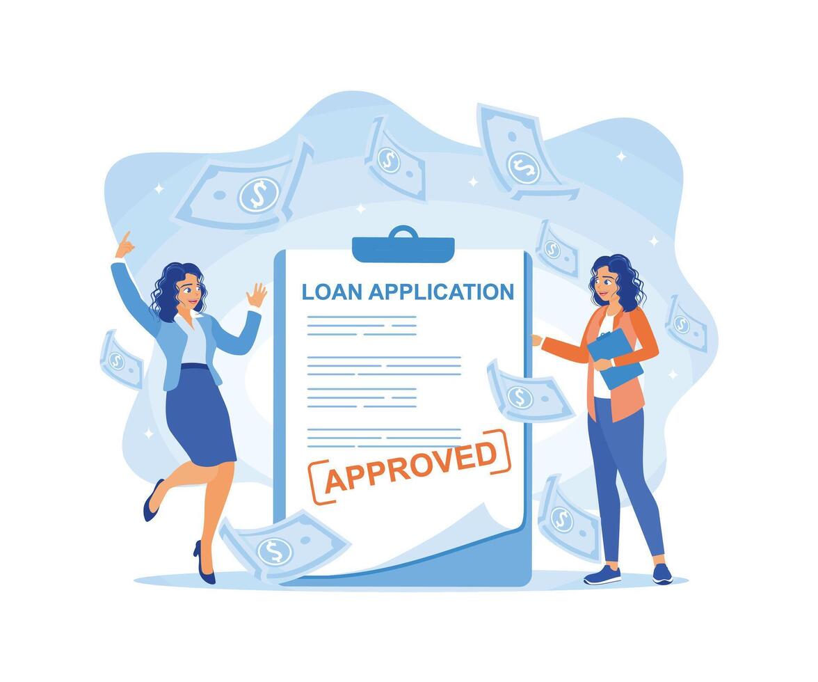 un contento mujer con un préstamo aprobación solicitud ese un banco oficial tiene aprobado. aprobado préstamo concepto. plano vector ilustración.
