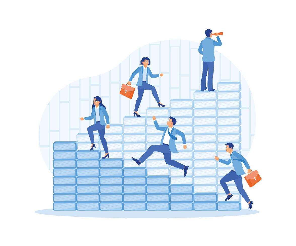 Manager standing on stairs looking with binoculars. Employees walk up the stairs to reach targets. Success Business concept. Flat vector illustration.