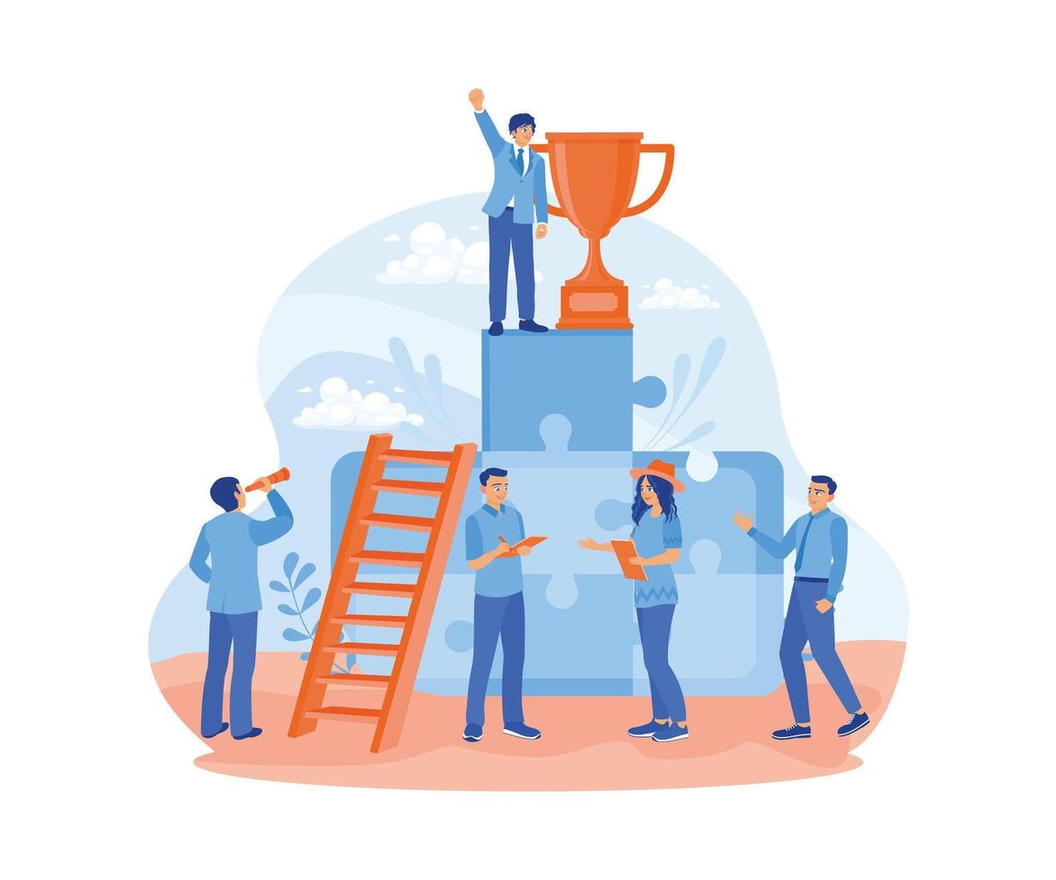 Successful businessman standing on puzzle podium. The business team provides support to achieve success. Successful Business Team concept. Flat vector illustration.