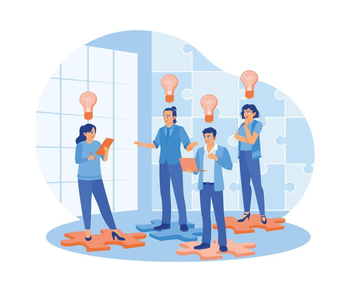 Manager and employee standing at puzzle. Looking for new idea solutions in the company. Business Idea concept. Flat vector illustration.