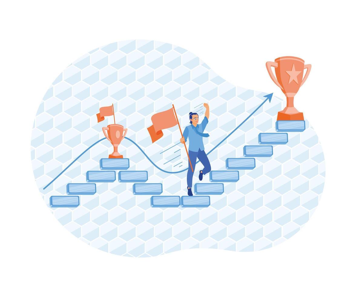 Businessman climbing stairs carrying the flag. Motivation to achieve new goals. Success Business concept. Flat vector illustration.