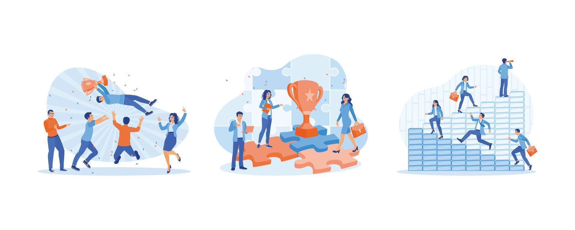Celebrate victory. Solve business problems to achieve success. Business people walk up the stairs to reach targets. Success Business concept. Set Flat vector illustration.