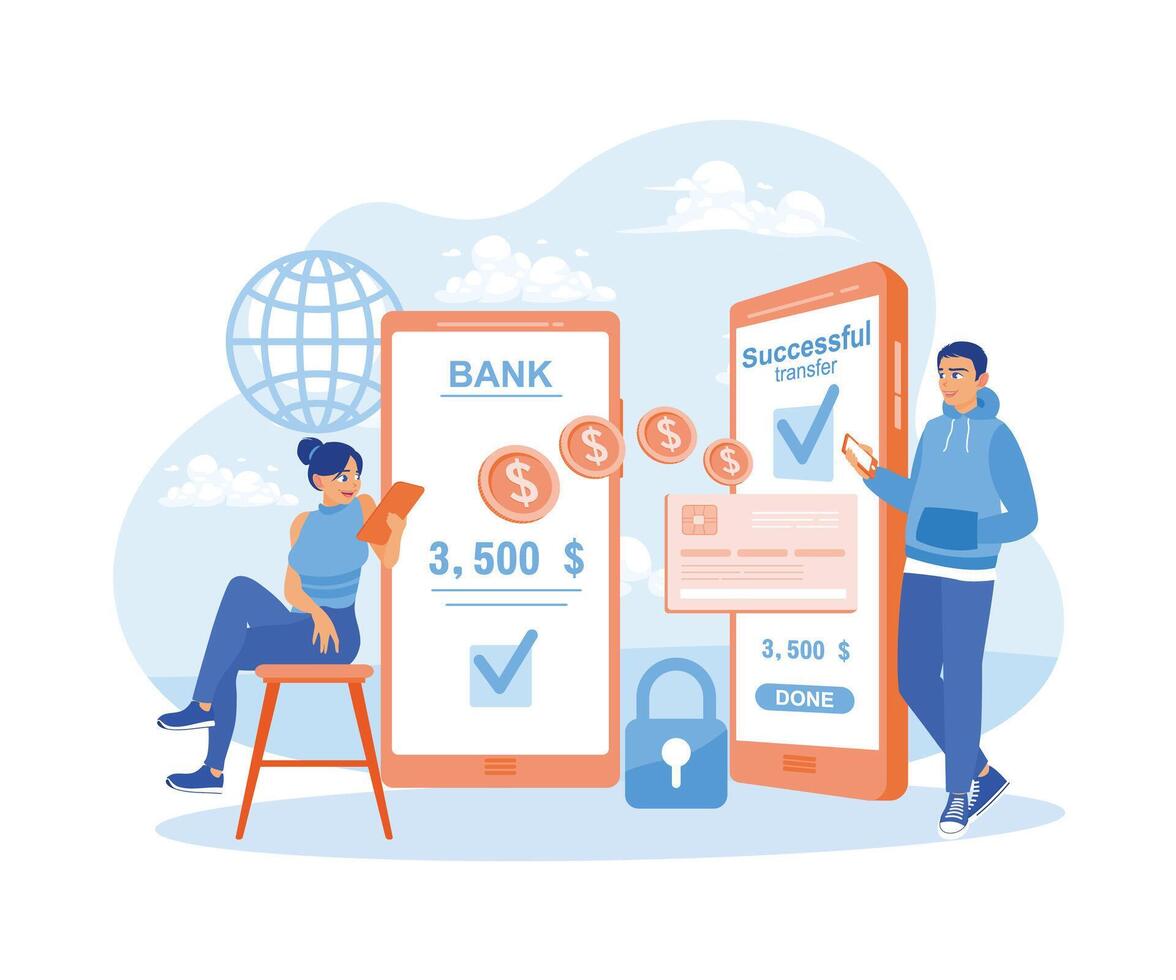 E-money vector illustration. A woman transferring money, digital account banking transactions, digital transaction security. Financial Transactions concept. Flat vector illustration.