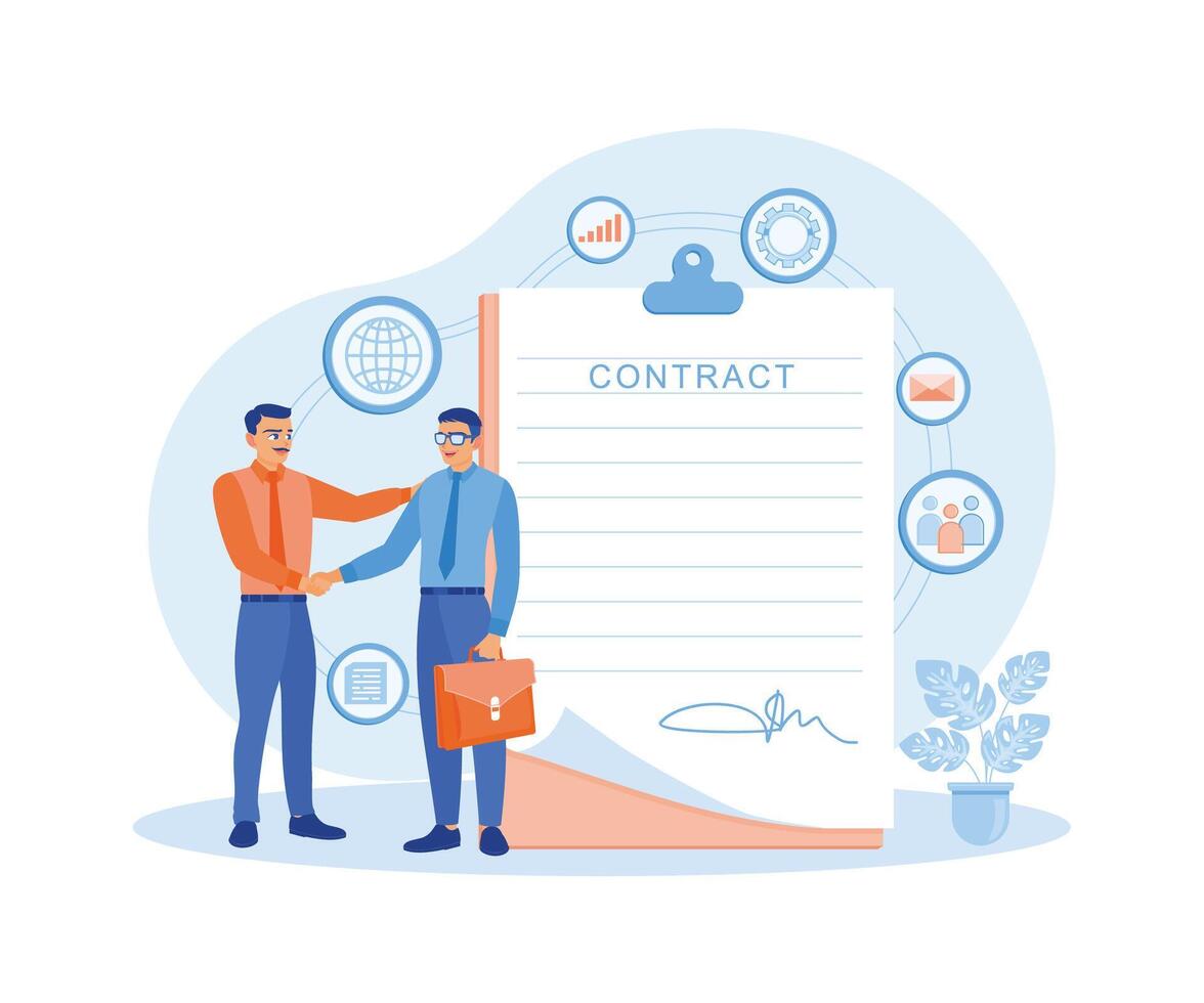 Two businessmen shaking hands after signing a business contract on paper. Contract agreement concept. Flat vector illustration.