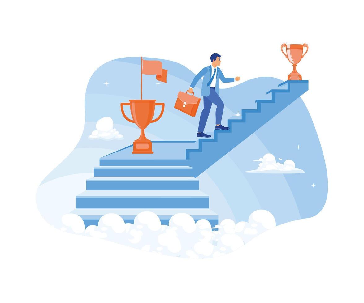 Businessman climbs the ladder to achieve success. Planning ideas to achieve new goals. Success Business concept. Flat vector illustration.