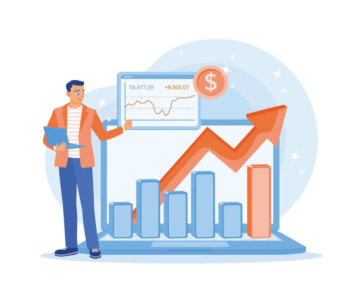 The man is using a laptop to analyze stock market trading charts. Investment concept. Flat vector illustration.