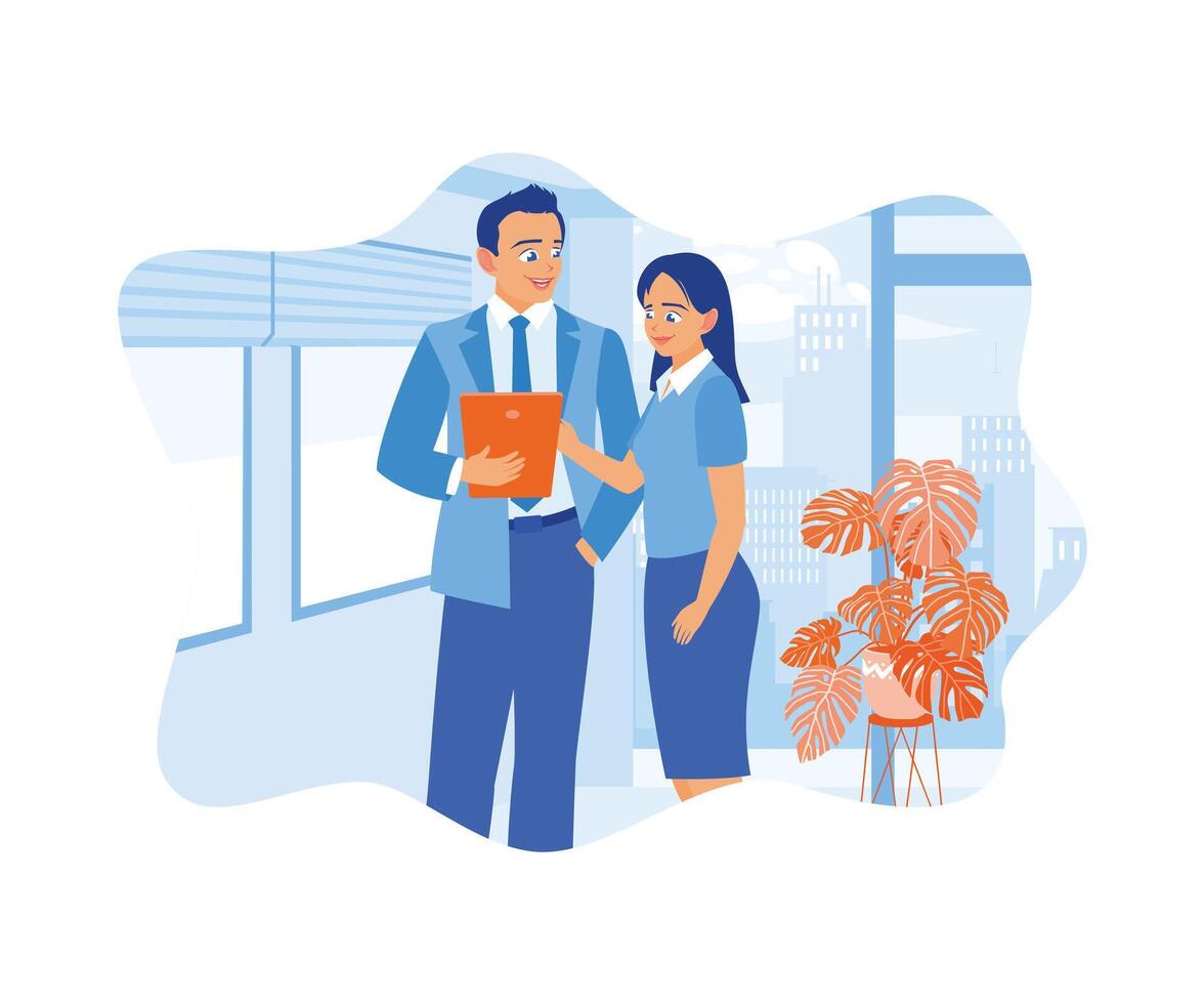 People are in business, and women are working in modern offices. Using a digital tablet to discuss project details. Software Developers concept. flat vector modern illustration